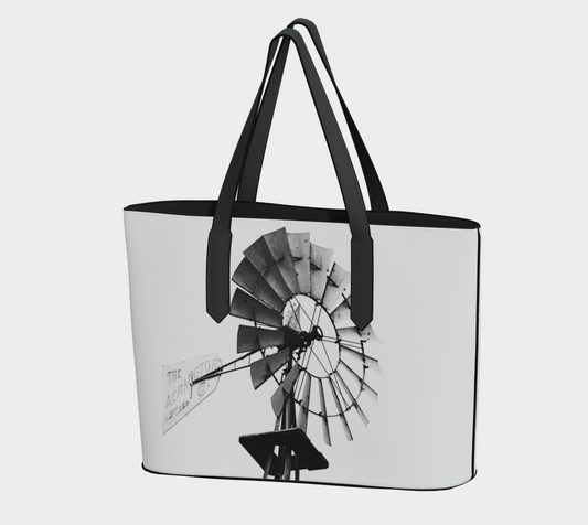 Black and White Aeromotor Windmill Vegan Leather Tote Bag