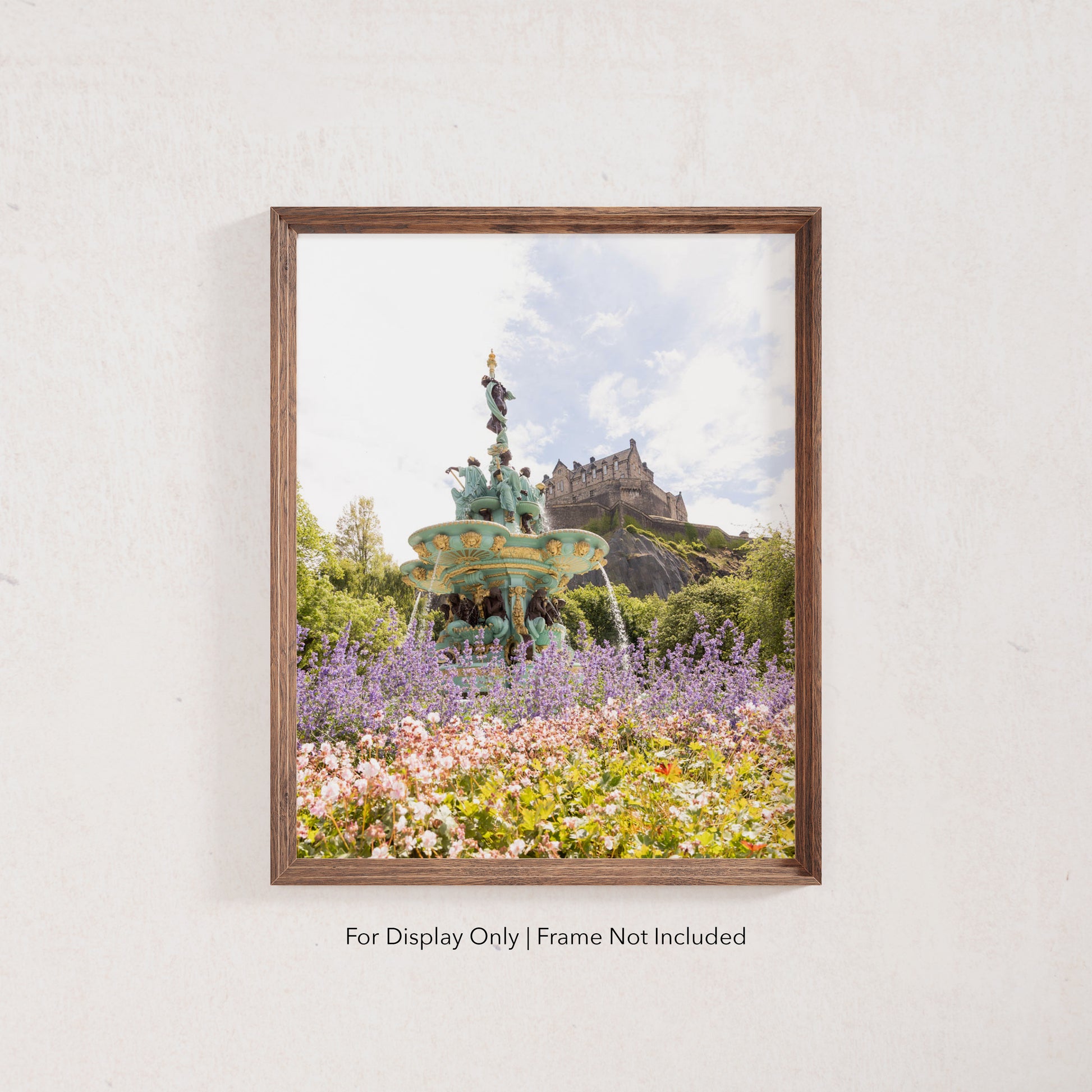 Ross Fountain in Spring – Edinburgh Castle in the background surrounded by flowers, travel photography print of Scotland.