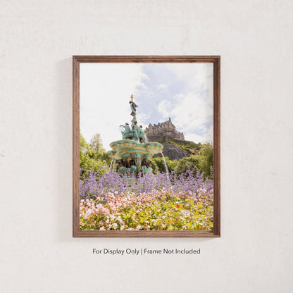 Ross Fountain in Spring – Edinburgh Castle in the background surrounded by flowers, travel photography print of Scotland.
