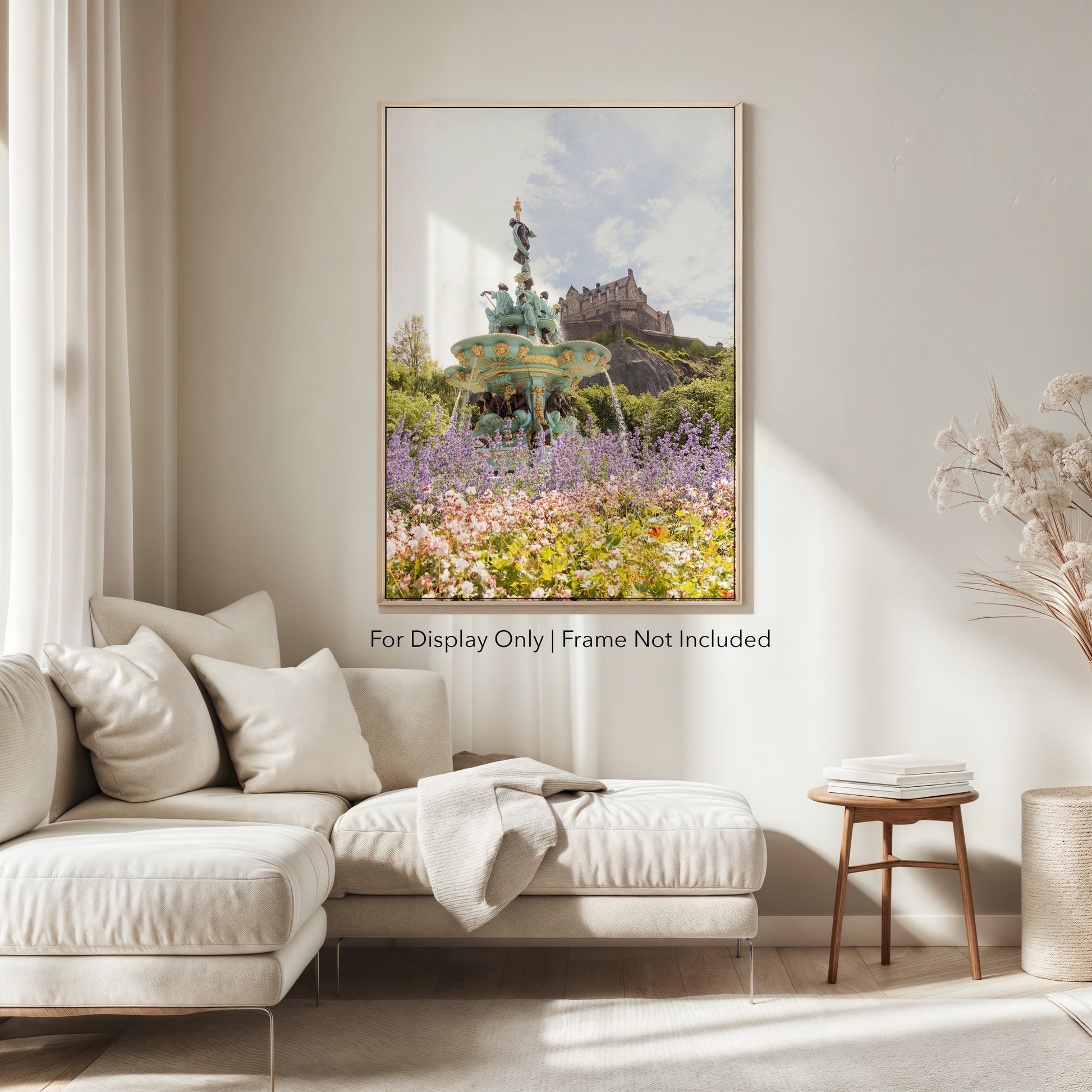 Ross Fountain in Spring – Edinburgh Castle in the background surrounded by flowers, travel photography print of Scotland.