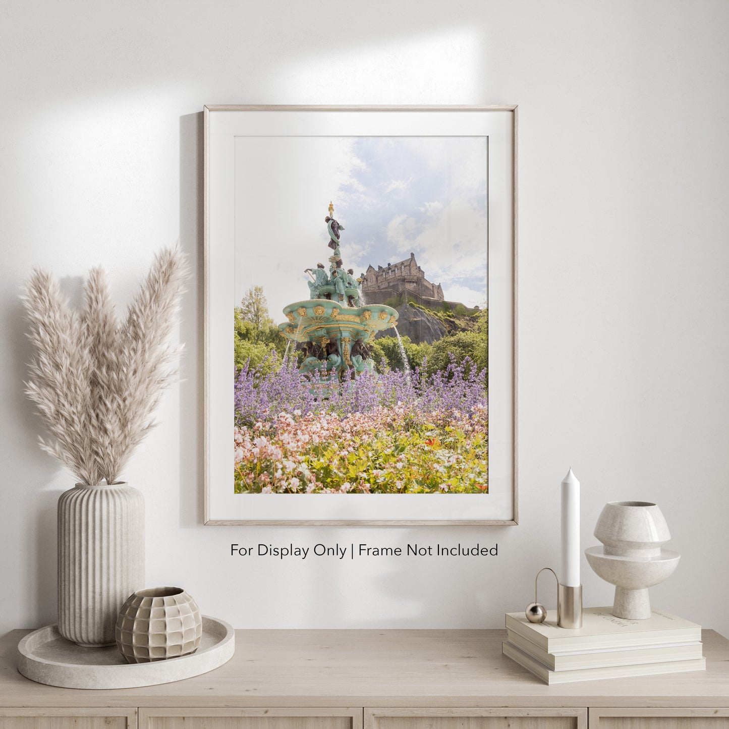 Ross Fountain in Spring – Edinburgh Castle in the background surrounded by flowers, travel photography print of Scotland.