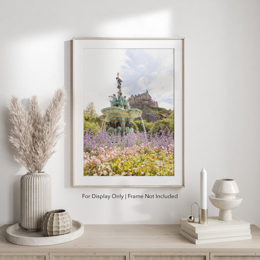 Ross Fountain in Spring – Edinburgh Castle in the background surrounded by flowers, travel photography print of Scotland.