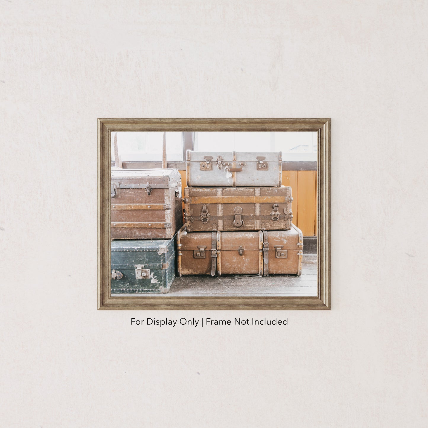 Antique Suitcase Wall Art – Vintage Luggage Stack Photography Print or Canvas for Rustic Farmhouse Decor