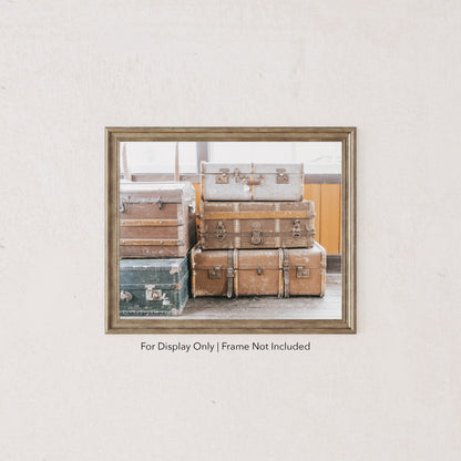 Antique Suitcase Wall Art – Vintage Luggage Stack Photography Print or Canvas for Rustic Farmhouse Decor
