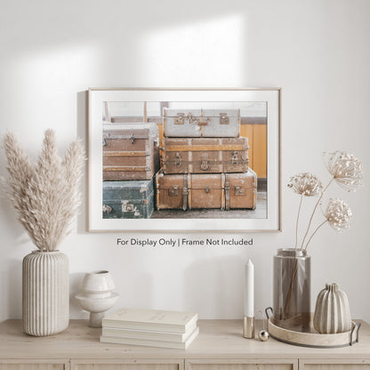 Antique Suitcase Wall Art – Vintage Luggage Stack Photography Print or Canvas for Rustic Farmhouse Decor