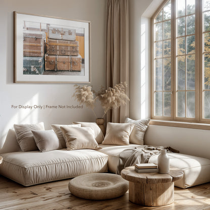 Antique Suitcase Wall Art – Vintage Luggage Stack Photography Print or Canvas for Rustic Farmhouse Decor