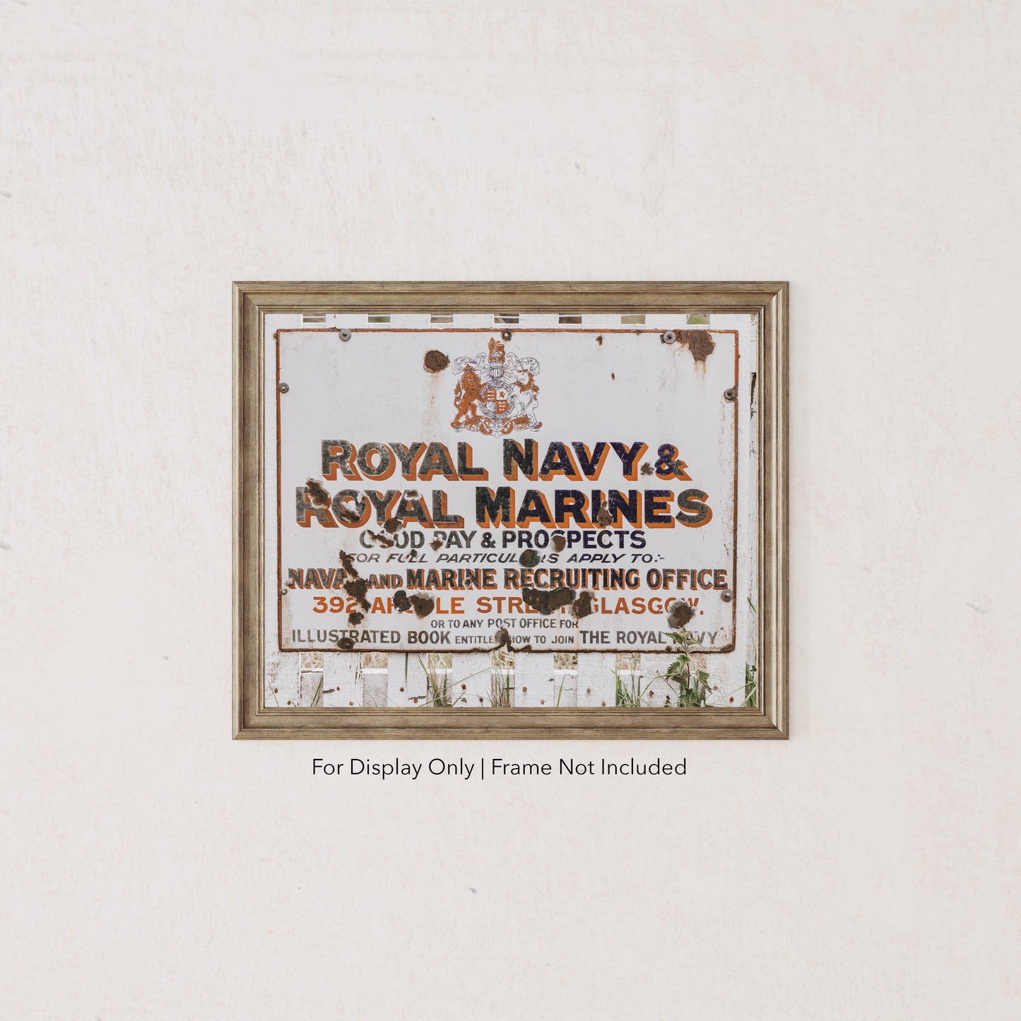 Vintage Royal Navy and Royal Marines recruiting sign from Glasgow, Scotland, with distressed lettering and weathered patina.