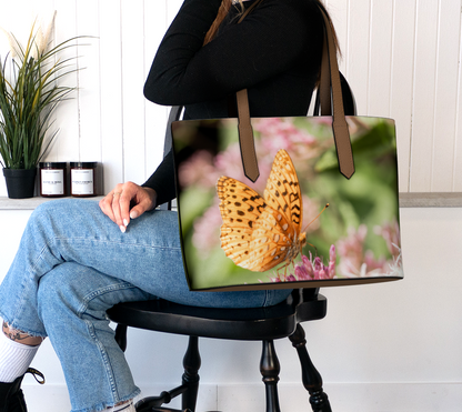 Great Spangled Fritillary Butterfly Vegan Leather Tote Bag – Fits 16″ Laptop – Floral & Nature Handbag