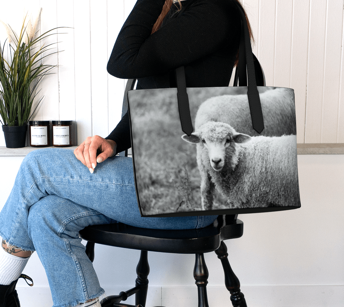 Farmhouse-Inspired Sheep Photography Vegan Leather Tote – Fits 16" Laptop - Erin Johnson Photography