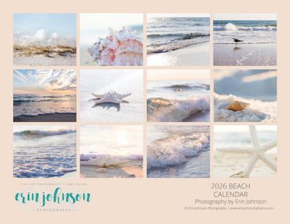 Collage of beach-themed images with shells and ocean waves, featuring the Erin Johnson Photography logo.