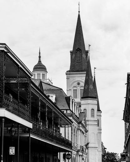 St Louis Cathedral and Chartres | Black and White New Orleans Wall Art Print