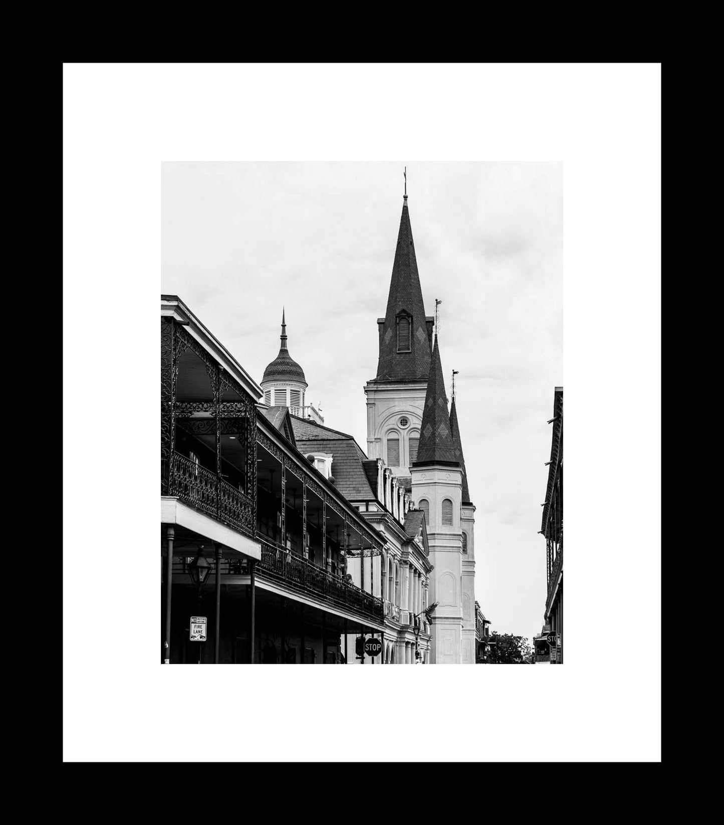 St Louis Cathedral and Chartres | Black and White New Orleans Wall Art Print