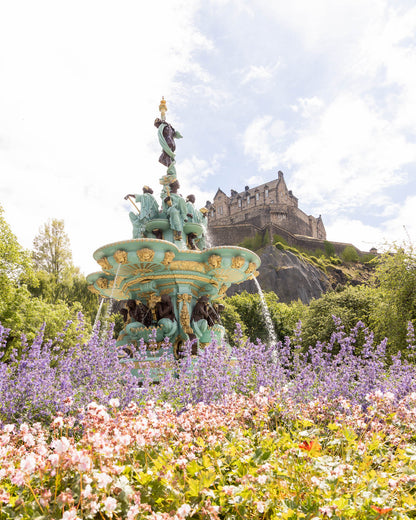 Ross Fountain in Spring – Edinburgh Castle in the background surrounded by flowers, travel photography print of Scotland.