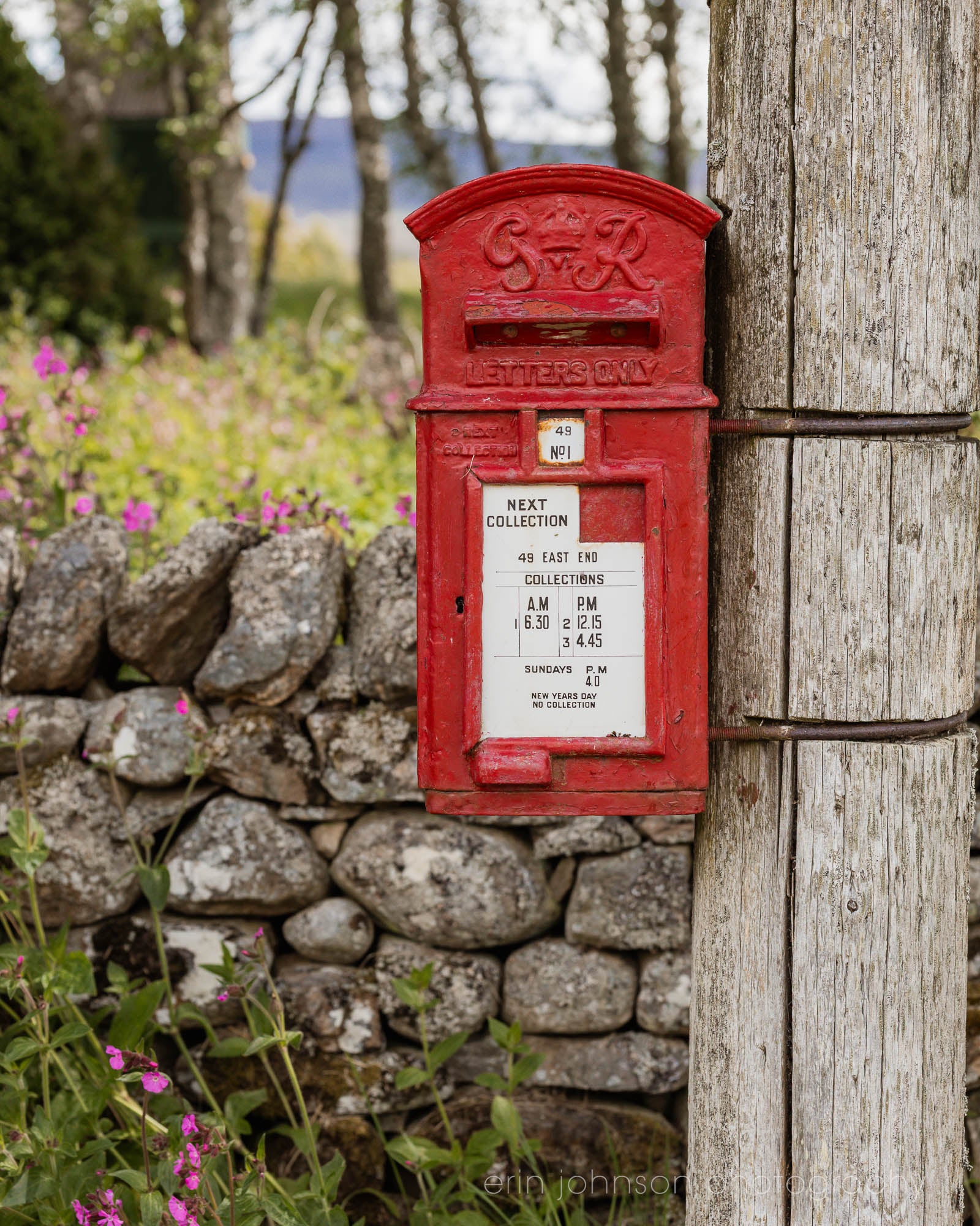 A classic red British post box mounted on a wooden pole beside a stone wall with wildflowers, photographed in soft countryside light.