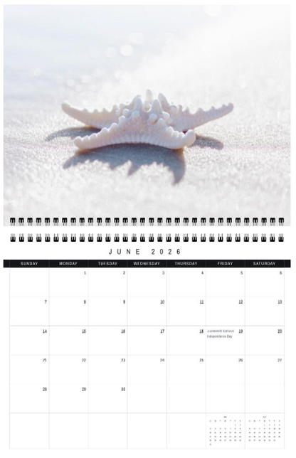 Calendar page for June 2026 with a starfish on sand