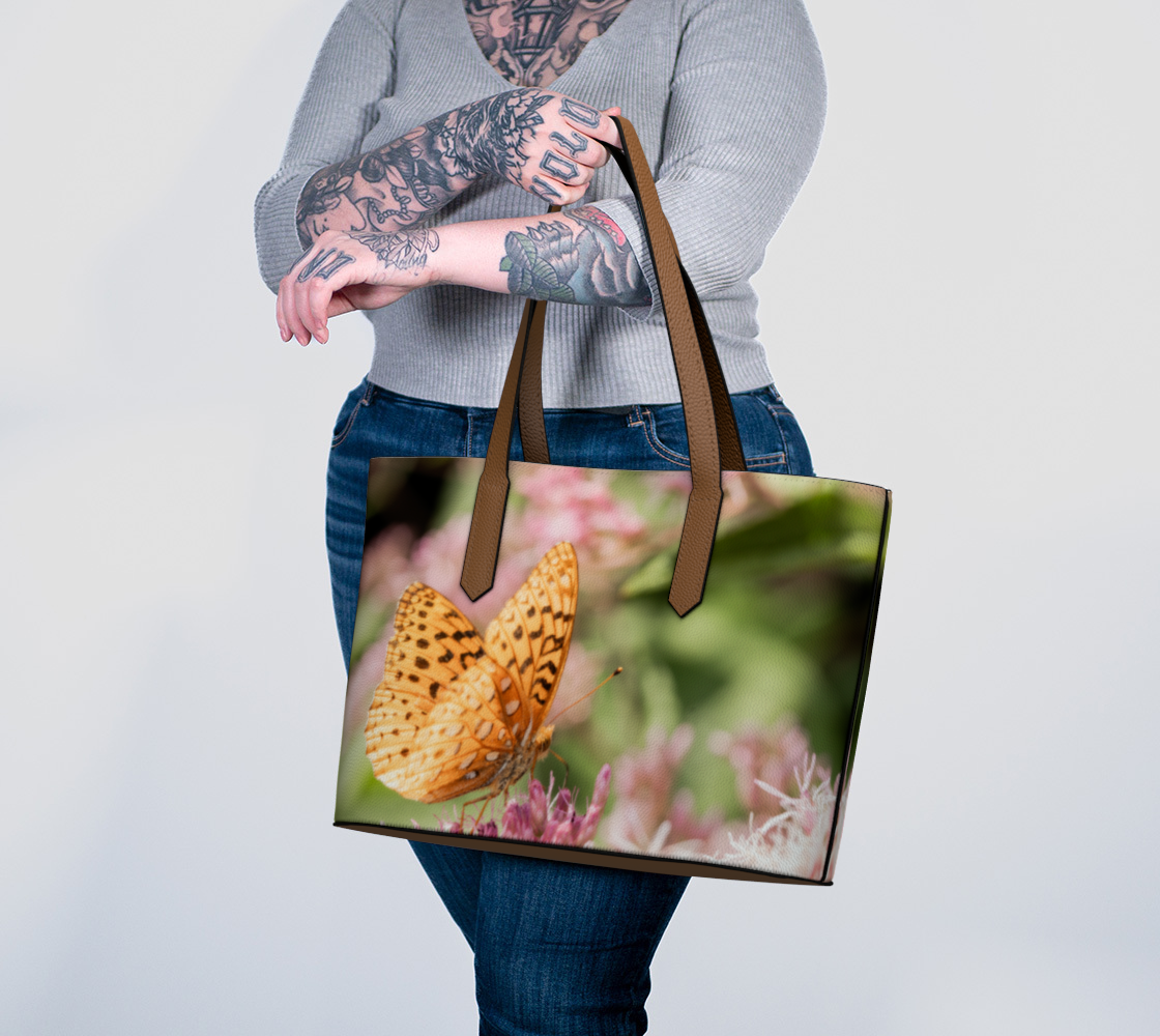 Great Spangled Fritillary Butterfly Vegan Leather Tote Bag – Fits 16″ Laptop – Floral & Nature Handbag