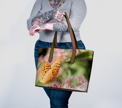 Great Spangled Fritillary Butterfly Vegan Leather Tote Bag – Fits 16″ Laptop – Floral & Nature Handbag
