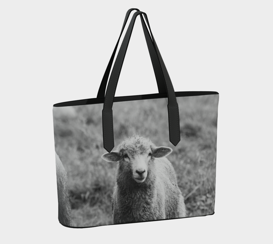 Black and White Sheep Portrait Vegan Leather Tote Bag – Fits 16" Laptop – Rustic Farmhouse Handbag