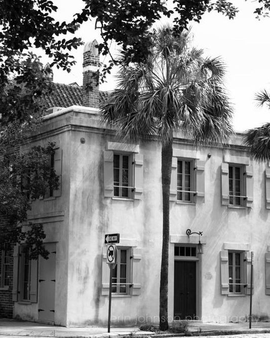 a black and white photo of a building with palm trees