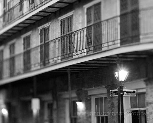 a black and white photo of a street light and a building