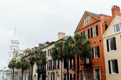 a row of buildings with palm trees in front of them