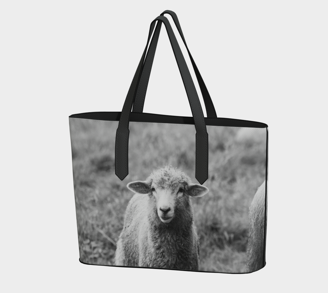 Black and White Sheep Portrait Vegan Leather Tote Bag – Fits 16" Laptop – Rustic Farmhouse Handbag
