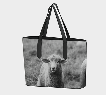 Black and White Sheep Portrait Vegan Leather Tote Bag – Fits 16" Laptop – Rustic Farmhouse Handbag