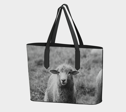 Black and White Sheep Portrait Vegan Leather Tote Bag – Fits 16" Laptop – Rustic Farmhouse Handbag