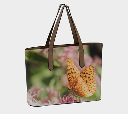 Vegan leather tote bag featuring a Great Spangled Fritillary butterfly on wildflowers, designed by Erin Johnson Photography