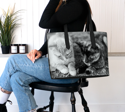 Black & White Kitten Print Vegan Leather Tote Bag – Fits 16″ Laptop – Animal-Inspired Shoulder Bag