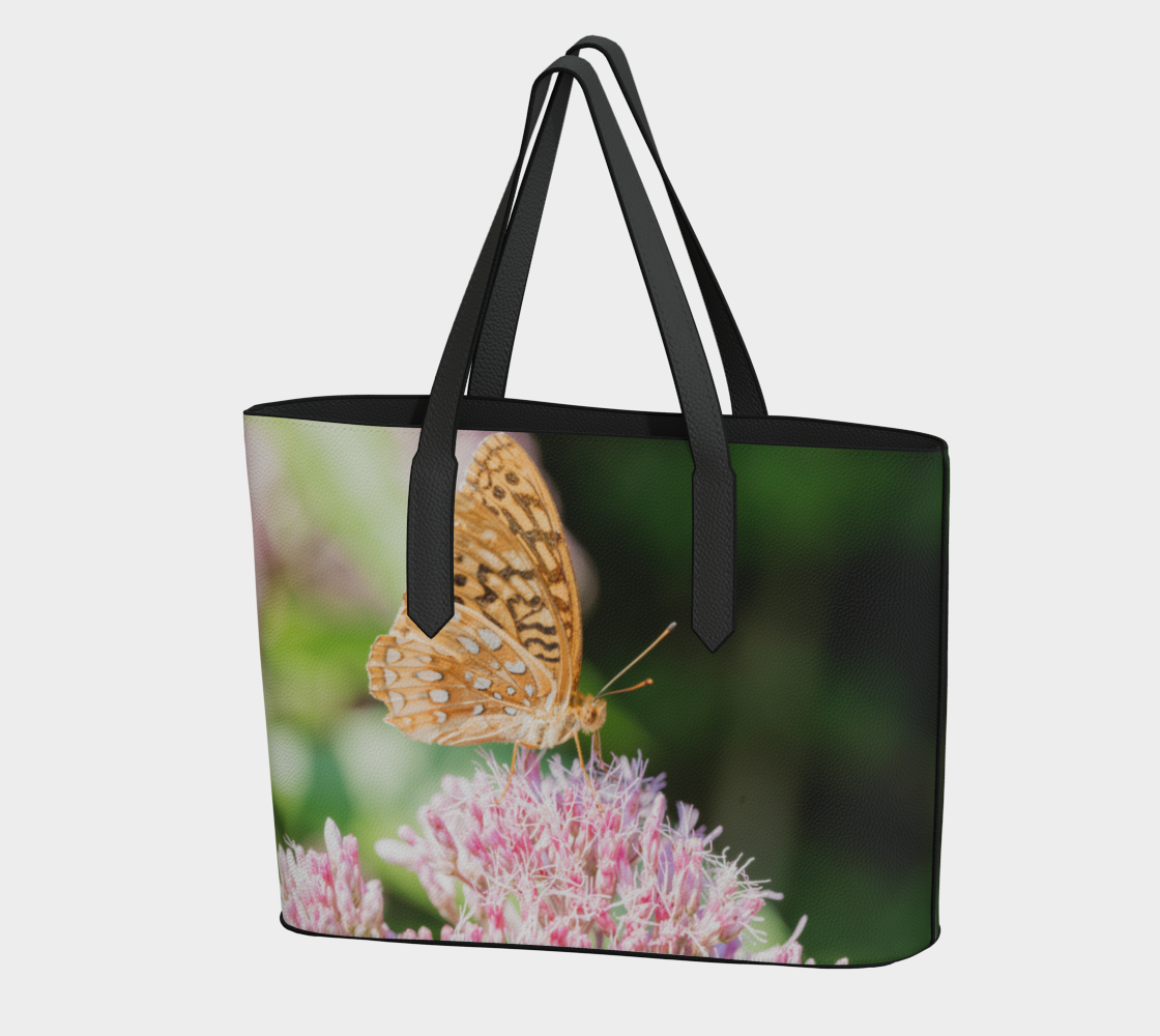 Orange Butterfly on Pink Flower Vegan Leather Tote Bag – Fits 16" Laptop | Floral & Nature Shoulder Bag