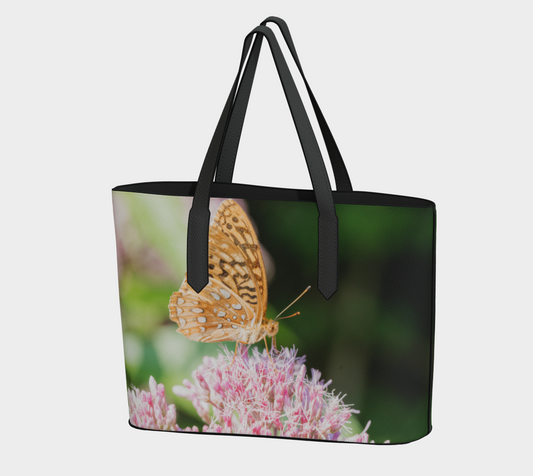 Orange Butterfly on Pink Flower Vegan Leather Tote Bag – Fits 16" Laptop | Floral & Nature Shoulder Bag