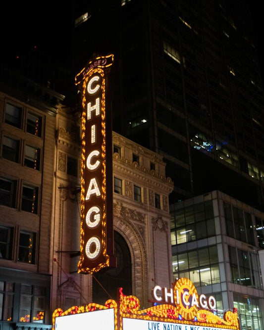 a chicago theater marquee lit up at night