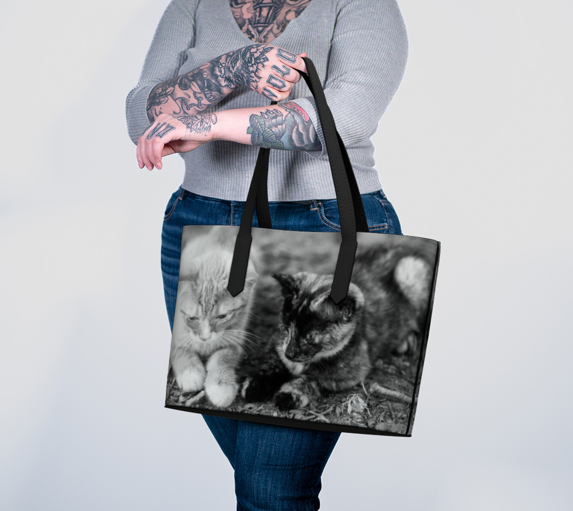 Black & White Kitten Print Vegan Leather Tote Bag – Fits 16″ Laptop – Animal-Inspired Shoulder Bag