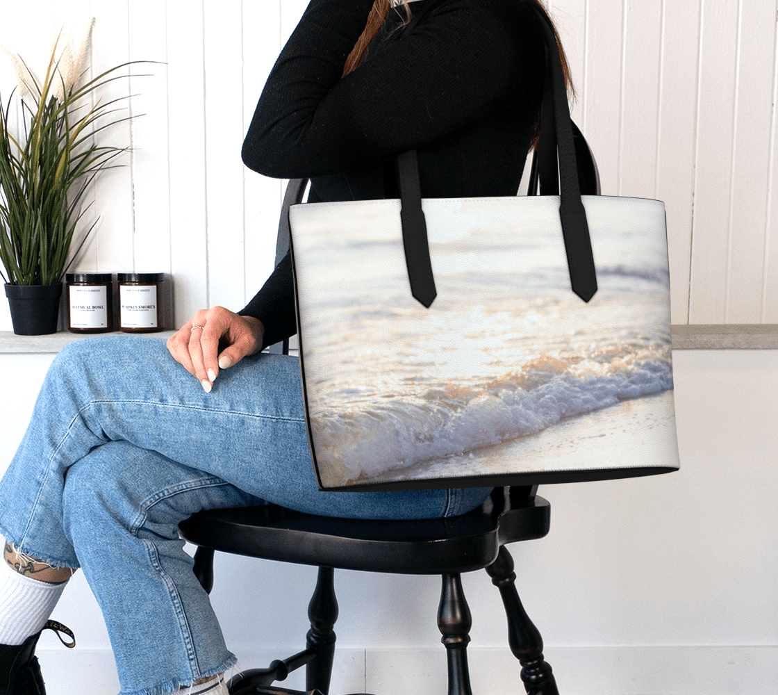 Beach Waves Landscape Vegan Leather Tote Bag – Fits 16" Laptop | Ocean-Inspired Travel Everyday Bag  Erin Johnson Photography