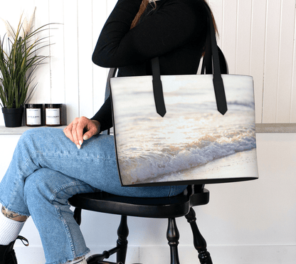 Beach Waves Landscape Vegan Leather Tote Bag – Fits 16" Laptop | Ocean-Inspired Travel Everyday Bag  Erin Johnson Photography
