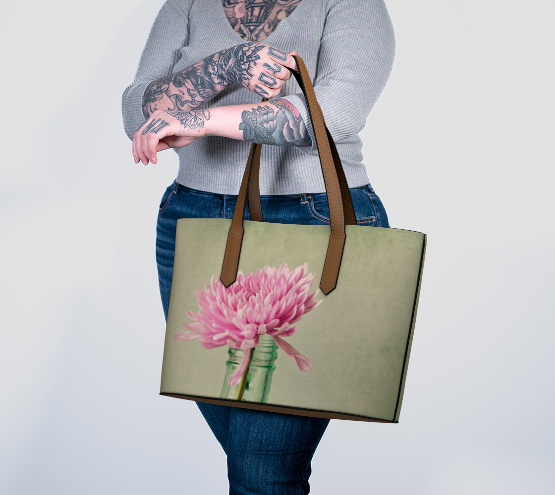 Pink Chrysanthemums Vegan Leather Tote Bag – Fits 16″ Laptop – Feminine Floral Handbag