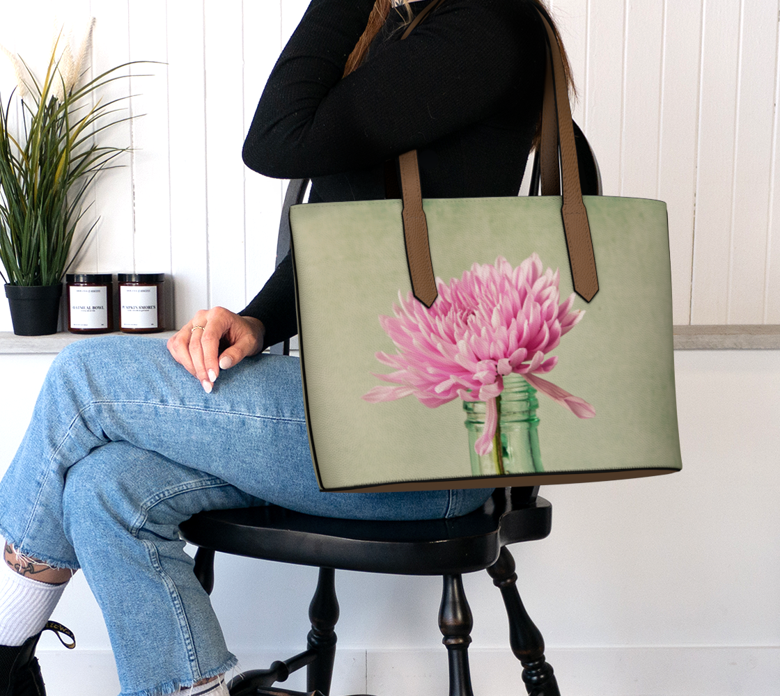 Pink Chrysanthemums Vegan Leather Tote Bag – Fits 16″ Laptop – Feminine Floral Handbag