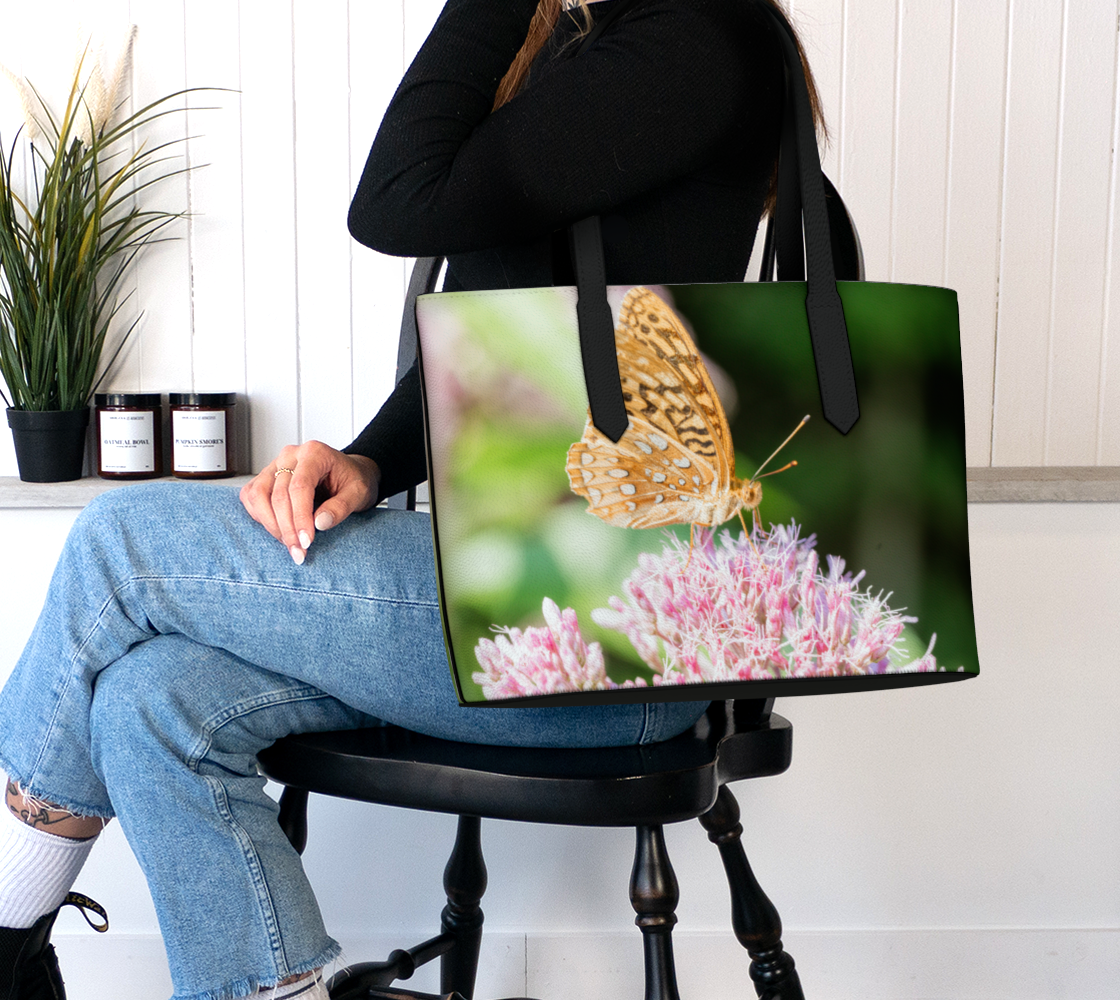 Orange Butterfly on Pink Flower Vegan Leather Tote Bag – Fits 16" Laptop | Floral & Nature Shoulder Bag