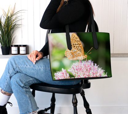 Orange Butterfly on Pink Flower Vegan Leather Tote Bag – Fits 16" Laptop | Floral & Nature Shoulder Bag