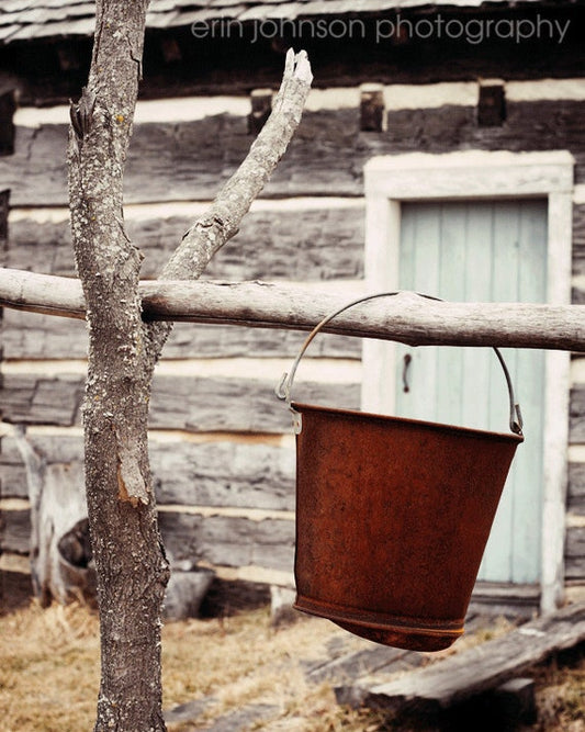 a bucket hanging from a tree outside of a log cabin