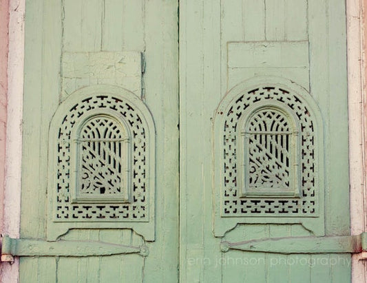 a close up of a green door with two windows