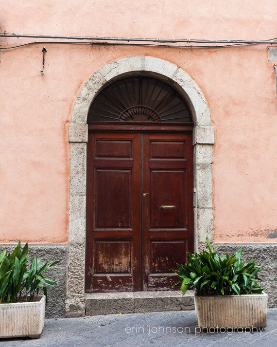 a building with two large wooden doors and two planters
