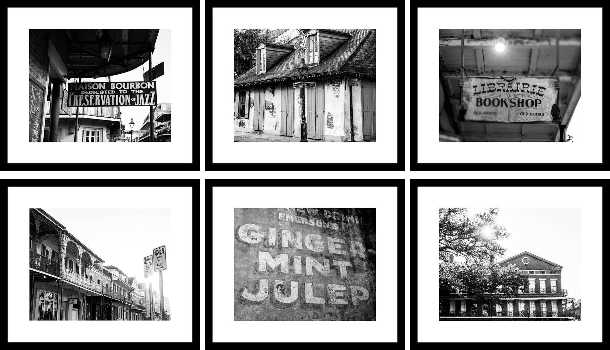 six black and white photographs of buildings and signs