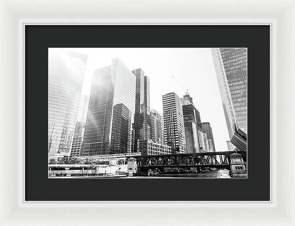 The El and the City - Chicago, Illinois - Black and White Framed Print