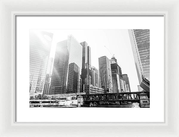 The El and the City - Chicago, Illinois - Black and White Framed Print